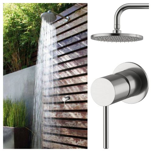 Alpha Outdoor 316L Stainless Steel Marine Grade Wall Mounted Shower Arm, Shower Head & a Hot and Cold Washer-less Mixer Shower Set