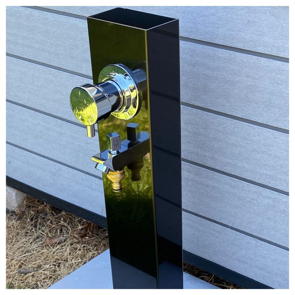 Black Outdoor Foot Wash Station Ionized 316L Marine Grade Stainless Steel, with a Garden Hose Connection & Hot & Cold Mixer