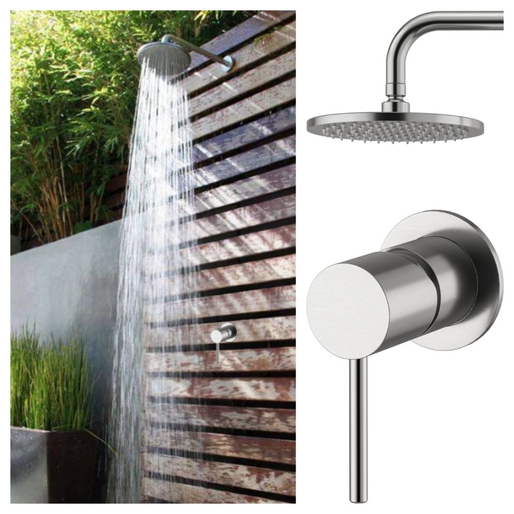 Alpha Outdoor 316L Stainless Steel Marine Grade Wall Mounted Shower Arm, Shower Head & a Hot and Cold Washer-less Mixer Pool Rinse Off Shower Set