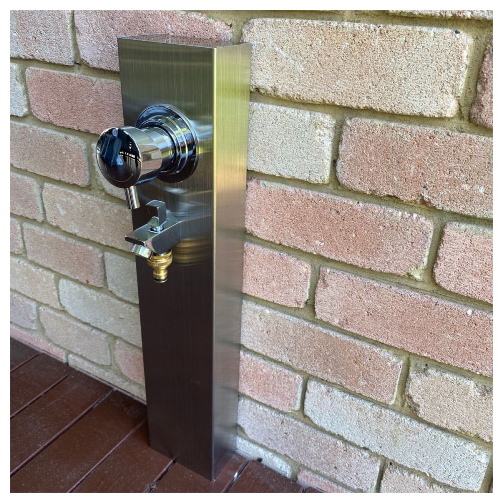 Silver Outdoor Foot Wash Station 316L Marine Grade Stainless Steel, with a Garden Hose Connection & Hot & Cold Mixer